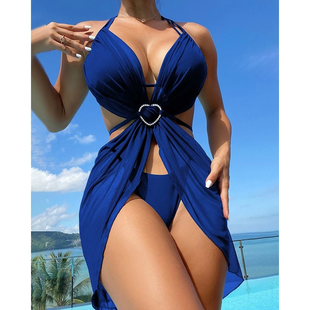 Conjunto de Bikini con cuello Halter para mujer, traje de baño de dos piezas con hebilla en forma de corazón, ropa de playa para vacaciones, 3 piezas