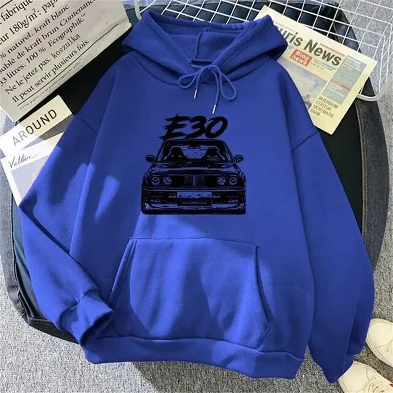 Jesień/zima E30 samochodowa bluza z kapturem ciepła męska Hip Hop z nadrukiem wokół szyi kieszeń Cartoon Street bluza top