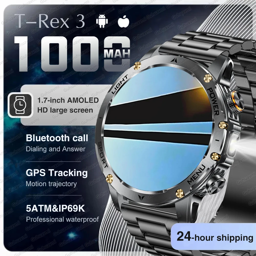

2025 New Military Men Smart Watch 1000Mah Battery GPS Fitness Tracking 5ATM Waterproof Tactics Sport Flashlight BT Call Bracelet