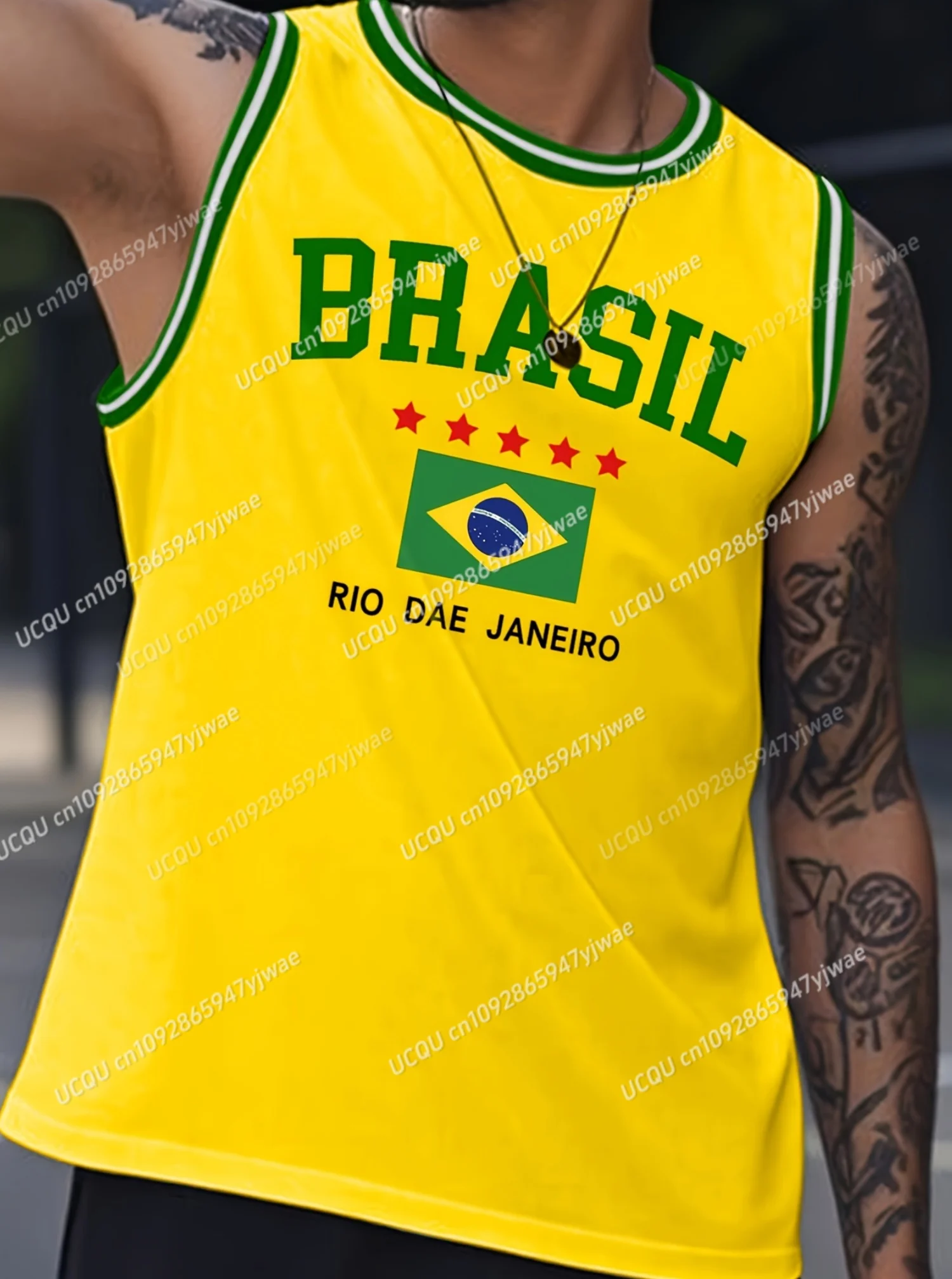 Summer Men YELLOW BRASIL  Print Striped Round Neck Casual Tank Top Basketball Jersey Vest Boyfriend Style Sport Basketball Vest