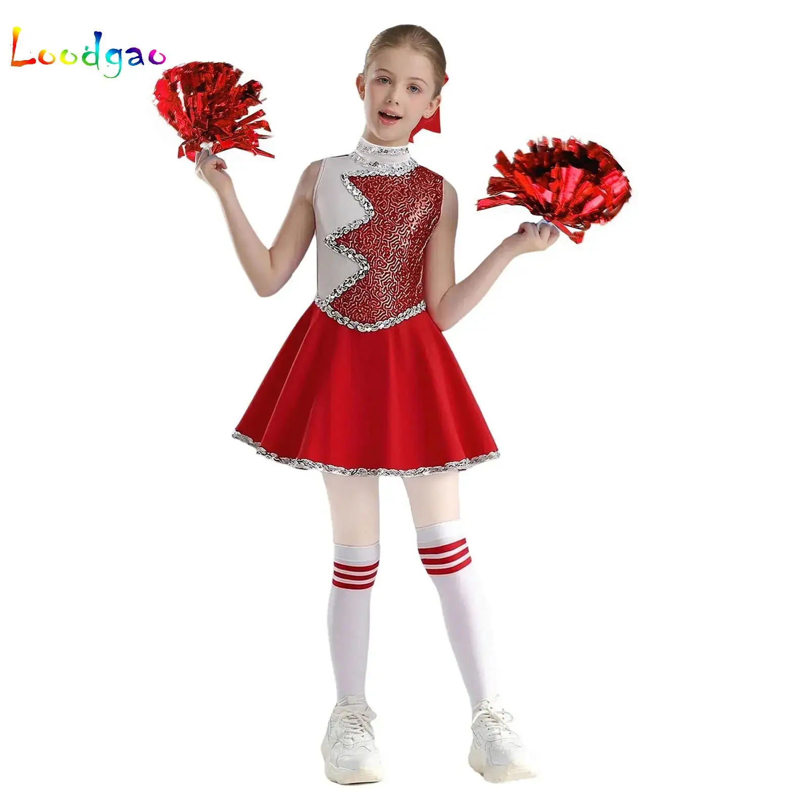 

Kids Girls Cheerleading Ballet Dance Outfit Sleeveless Glittery Sequins Color Block Dress with Headwear Flower Balls and Socks