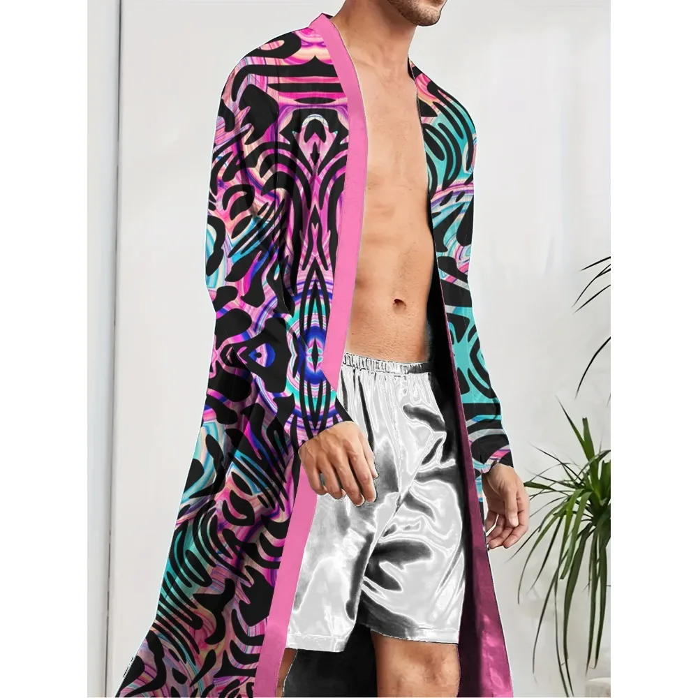 

Spring and Autumn men's long robes dry quickly, trendy and fun digital printed nightgowns for leisure and entertainment at home.
