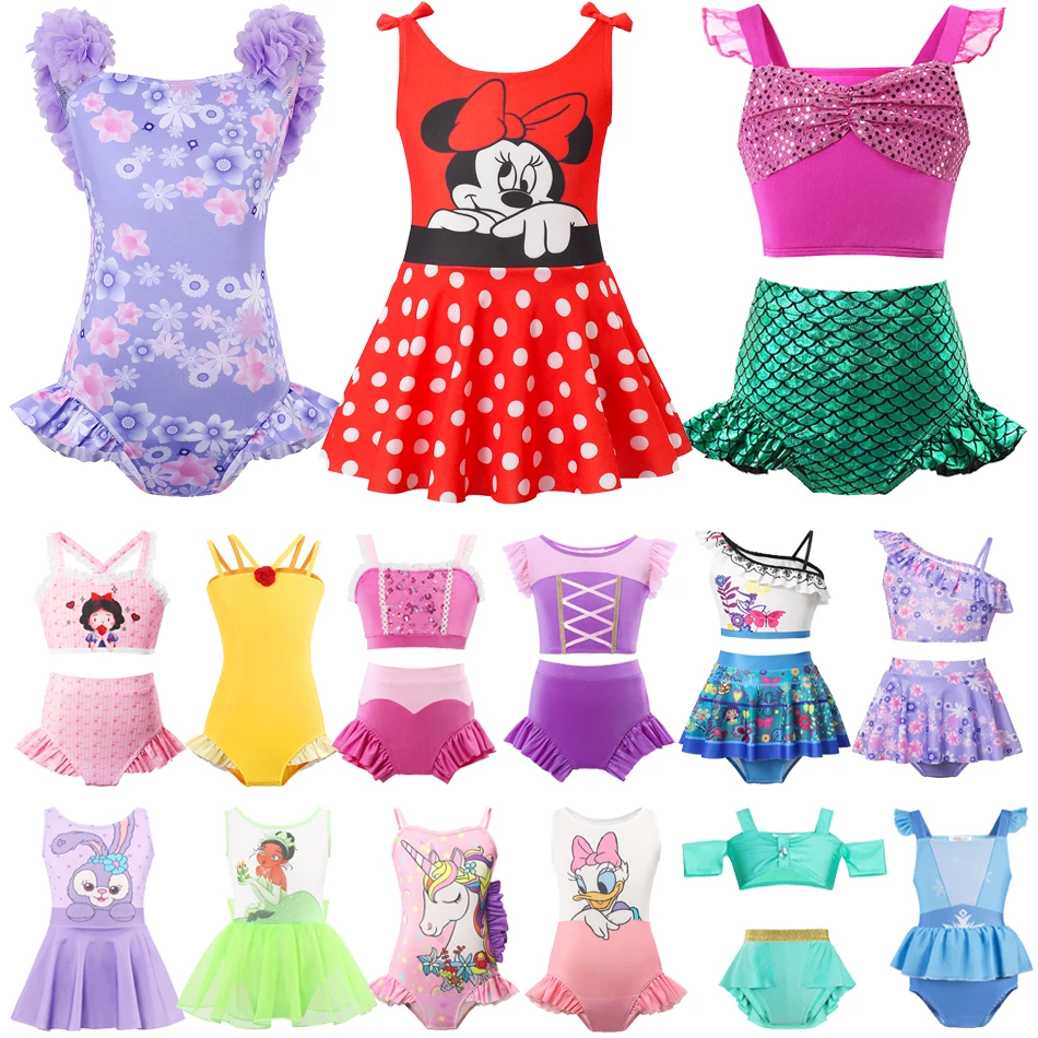 Disney Girl Swimsuit Kids Minnie Mouse Ariel Encanto Isabela New Swimwear Belle Tianna Children Bikini Sets Jasmine Bathing Suit