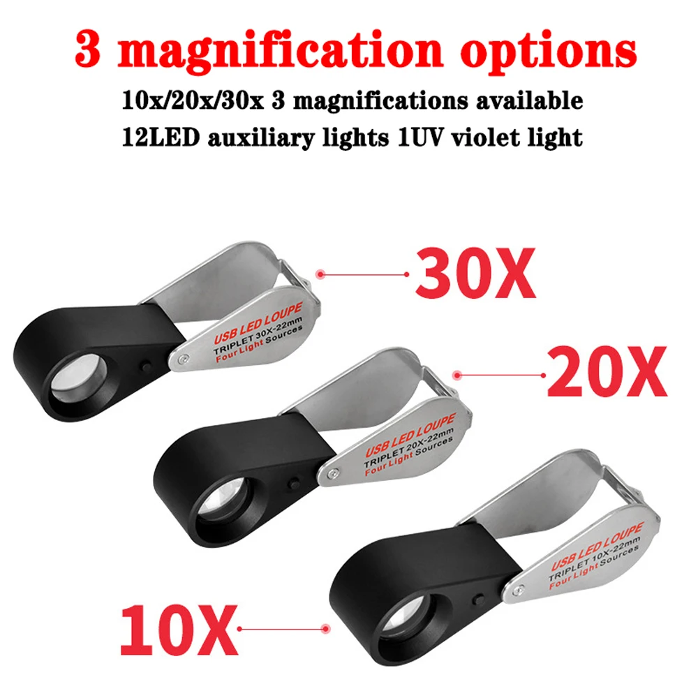 10X 20X 30X Rechargeable Four-colour Light Source 13LED Magnifier Diamond Jeweler Loupe Necklace GEM UV Lamp Mini Pocket Lupa