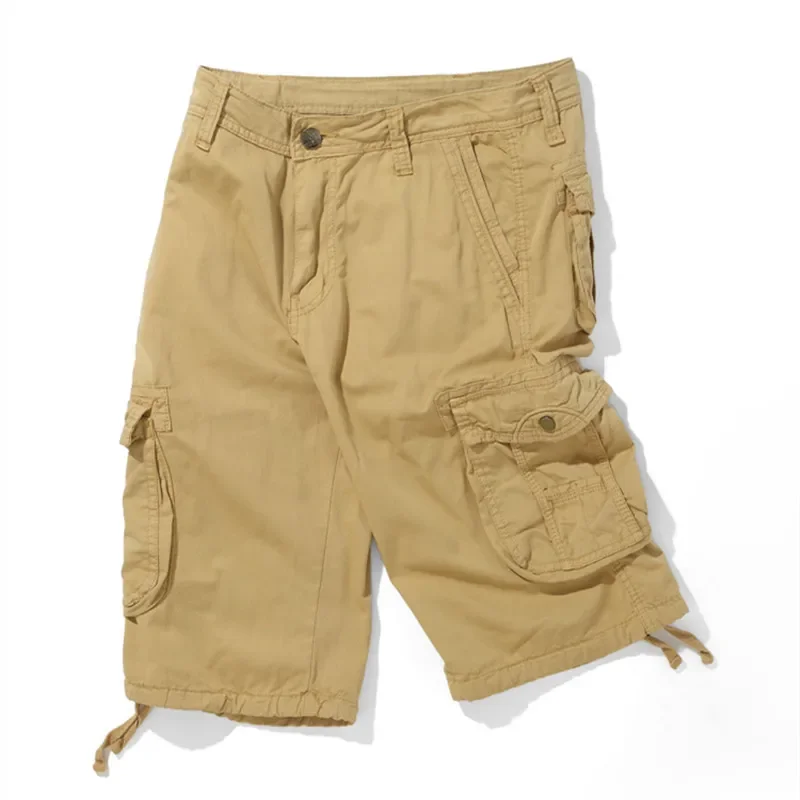 LIBIELIY Summer Cargo Shorts Men Cotton Solid Multi Pockets Straight Safari Style Casual Shorts Male Sports Jogging Knee Length