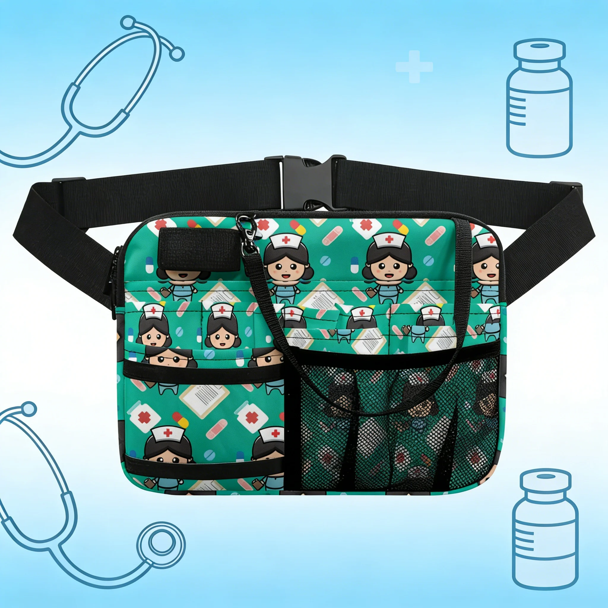 Panda Doctor Fanny Pack, Large Capacity Organizer with Mesh Pockets, Comfortable Adjustable Belt