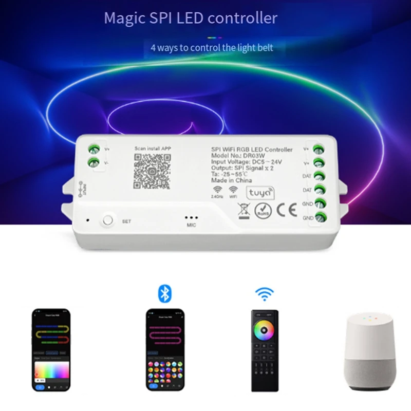 Tuya Wifi SPI RGB LED Controller For Alexa Google Assistance 720 Pixels For WS281 FCOB Addressable LED Strip Light