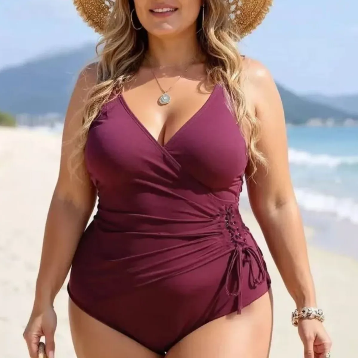 2026 New Large Size Sexy Swimwear Bandage Cross V-neck One-piece Bikini Swimsuit Popular Model Integrated Design Sportswear