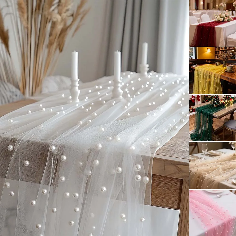 

1PC Semi-Sheer Gauze Fabric Rustic Table Runner with Pearl for Wedding Decor Luxury Tulle for Party Holiday Banquet Decoration