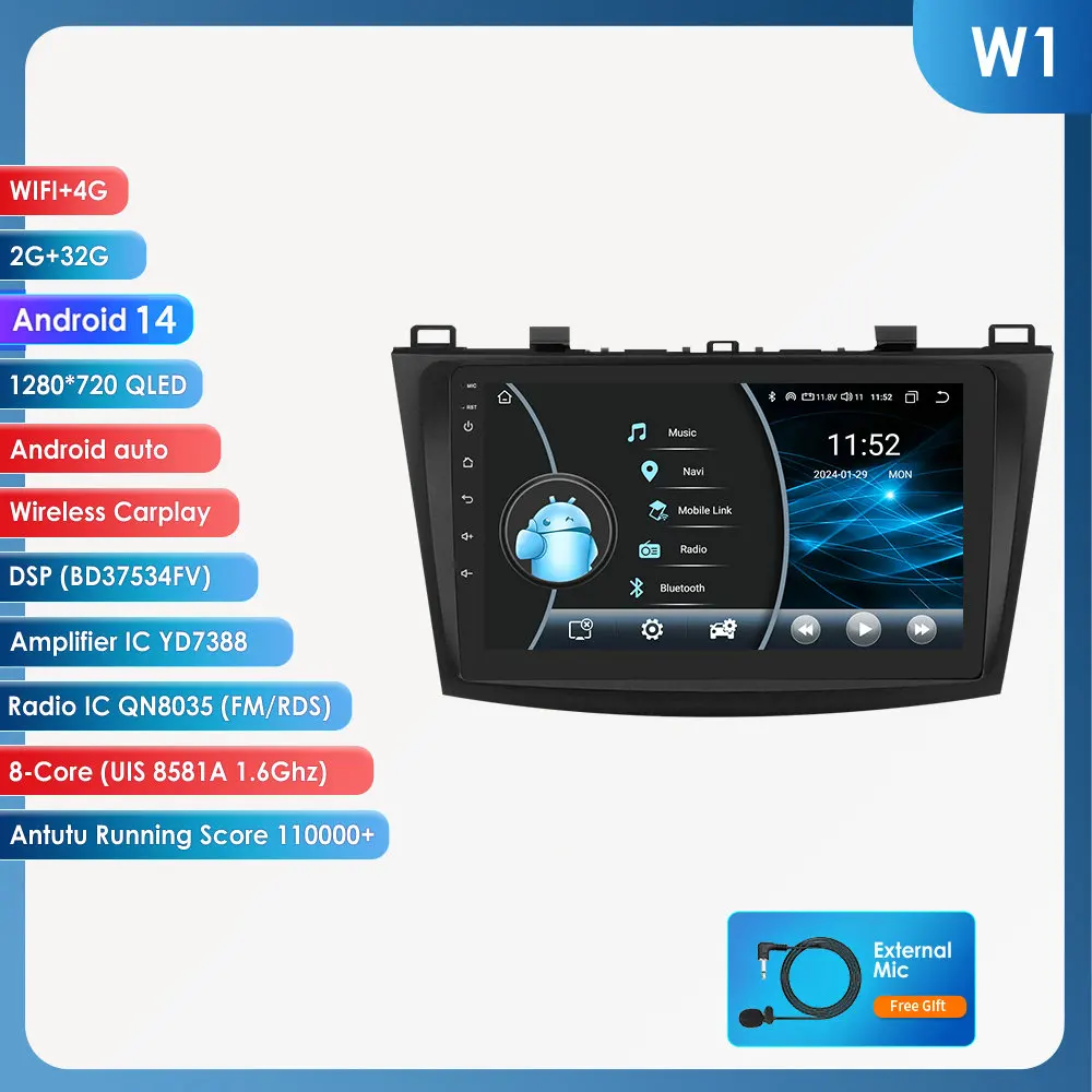 8G + 128G Android 14 Autoradio Speler Voor Mazda 3 2010 2011 2012 2013 Autoradio GPS Navigatie WIFI RDS IPS Multimedia Stereo 2din