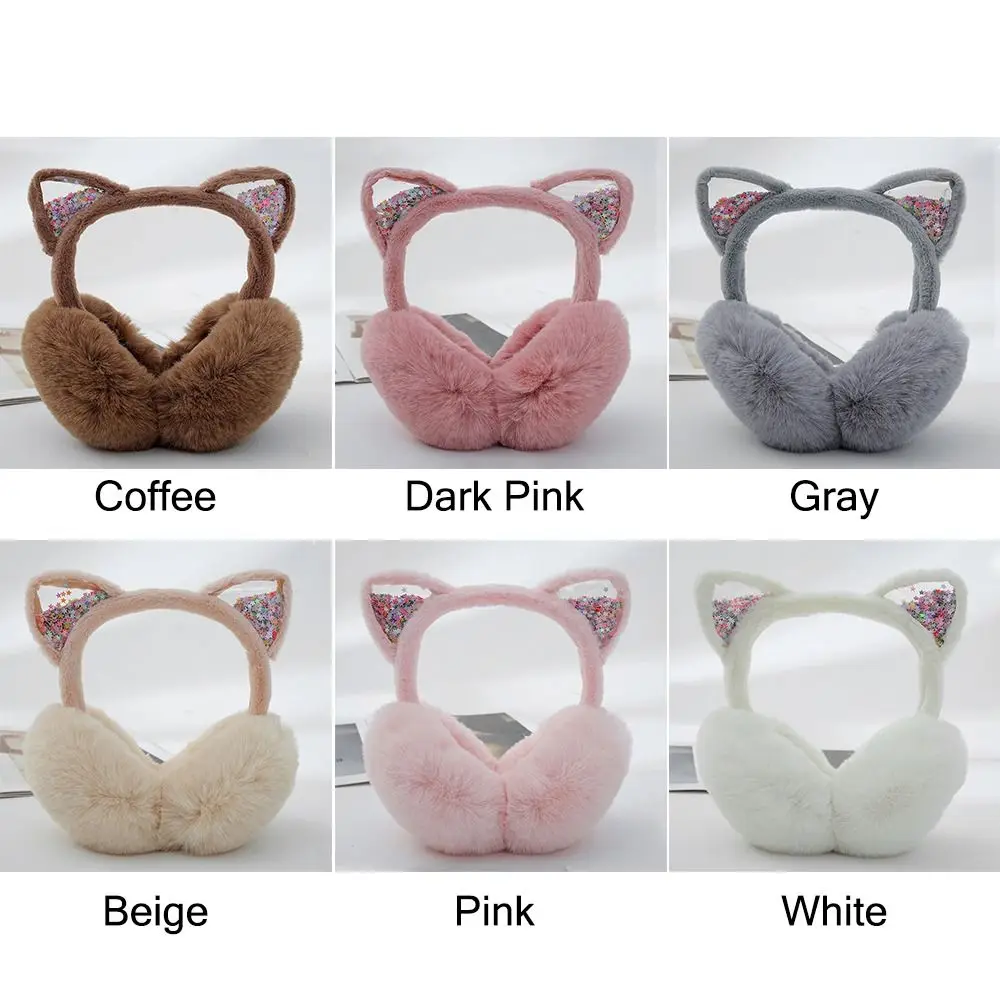 Outdoor Soft & Warm Animal Earmuffs Cat Ears Foldable Ear Warmers Furry Fleece Ear Covers for Kids Girls