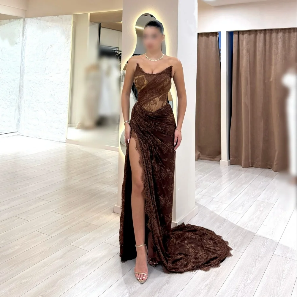 

Вечернее платье по индивидуальному заказу, кружевное плиссированное шикарное платье без бретелек, длинные платья-трубы, очаровательное элегантное вечернее свадебное сексуальное платье