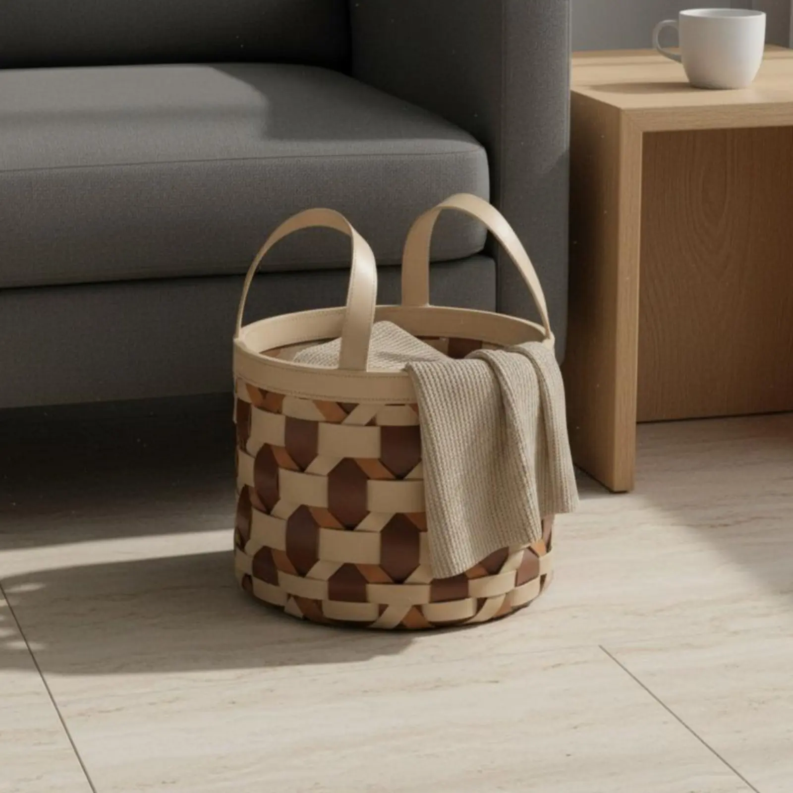 

Woven Leather Basket Elegant Luxury Design Double-Color Storage Tote Handmade Organizer Bin With Handles for Living Room
