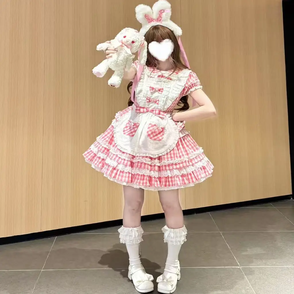 Vestido Original japonés suave para niñas, vestido a cuadros azul Kawaii OP, vestido ajustado de cintura alta para mujer, vestido de cumpleaños de Lolita diario, vestido Loli Lo Cos