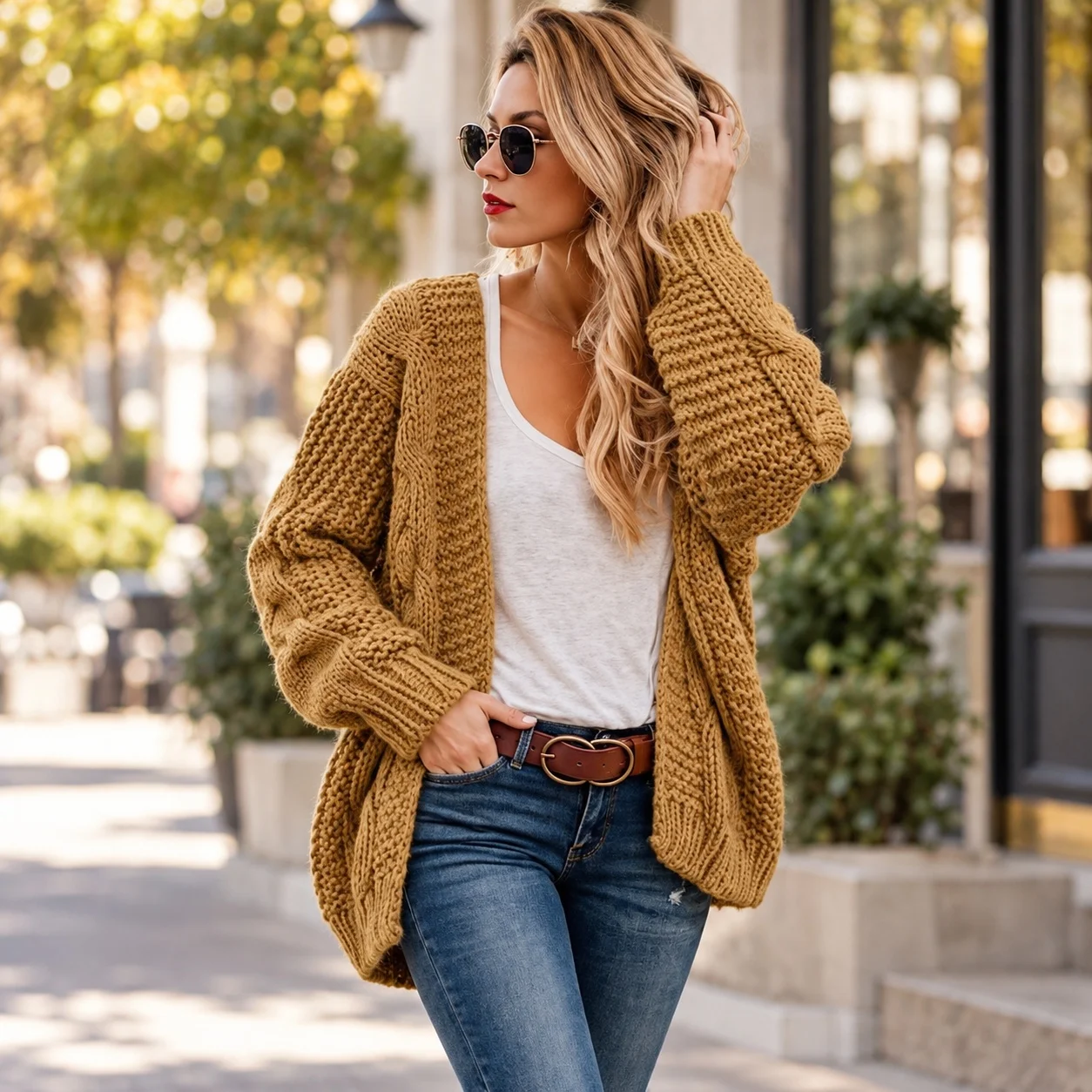 Thick Loose Fit Sweater Elegant with V Neck Open Front Long Sleeve Heat Set Finish Private Celebrity Style Cardigan for Women
