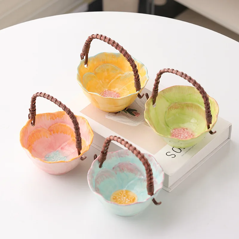 Flower Hand-held Ceramic Fruit Basket Fruit Plate Small Coffee Table Snack and Pastry Plate Household Dried Fruit Storage Basket