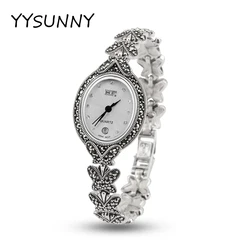 YYSUNNU Elegant Oval Ladies Wrist Watch in S925 Sterling Silver Classic Pave Butterfly Bracelet Fashion Jewelry Birthday Gift