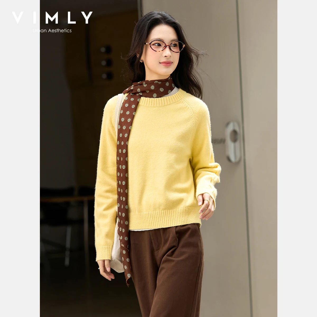 VIMLY jaune pulls femme automne 2025 élégant col rond tricot dame pull décontracté col rond à manches longues femme pulls 75129
