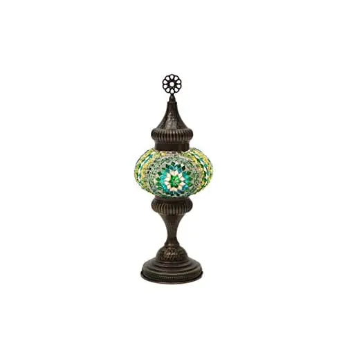 LaModaHome English Moroccan Handmade Mosaic Glass Table Lamp Light with Decorative Dark Polished Copper Fixture for Bedroom, Liv