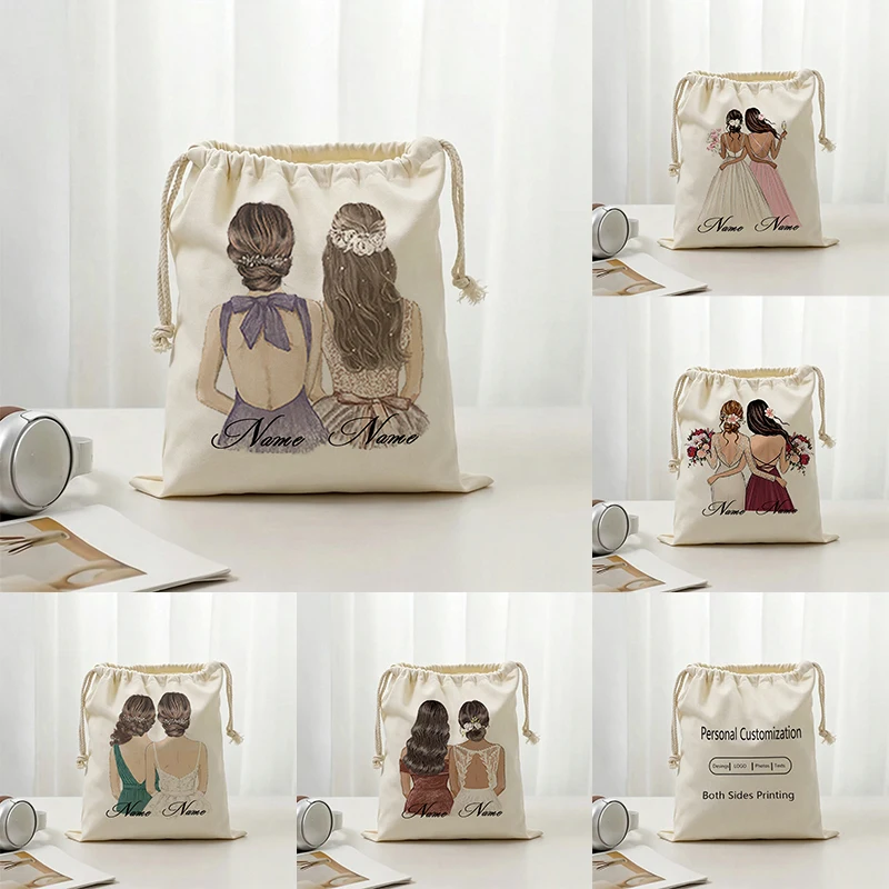 Personalized Best Friends Drawstring Bag Custom Name Bridesmaids Sisters Holding Hands Storage Gifts Pouch for Women Girl Travel