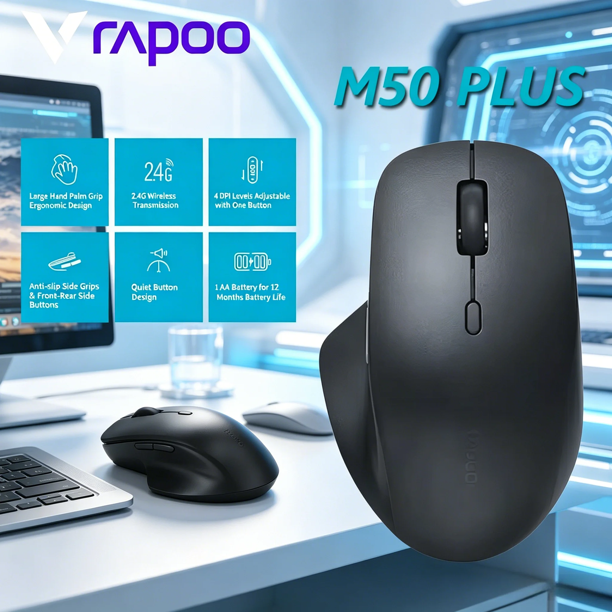 

Rapoo M50 PLUS Office Wireless Mouse 2.4G Silent Optical Ergonomic Design 600 DPI For Large Hands