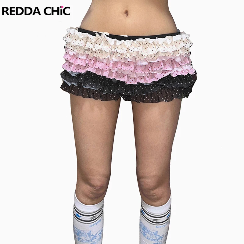 

REDDACHiC Summer Layering Women Cake Skirt Multi-way Polka Dot Contrast Drawstring Low Rise Ruffle Mini Skirt Retro Y2k Clothes
