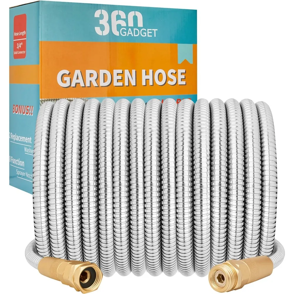 

Garden Hose Metal - 75ft Heavy Duty Stainless Steel Water Hose with 8 Function Sprayer & Metal Fittings