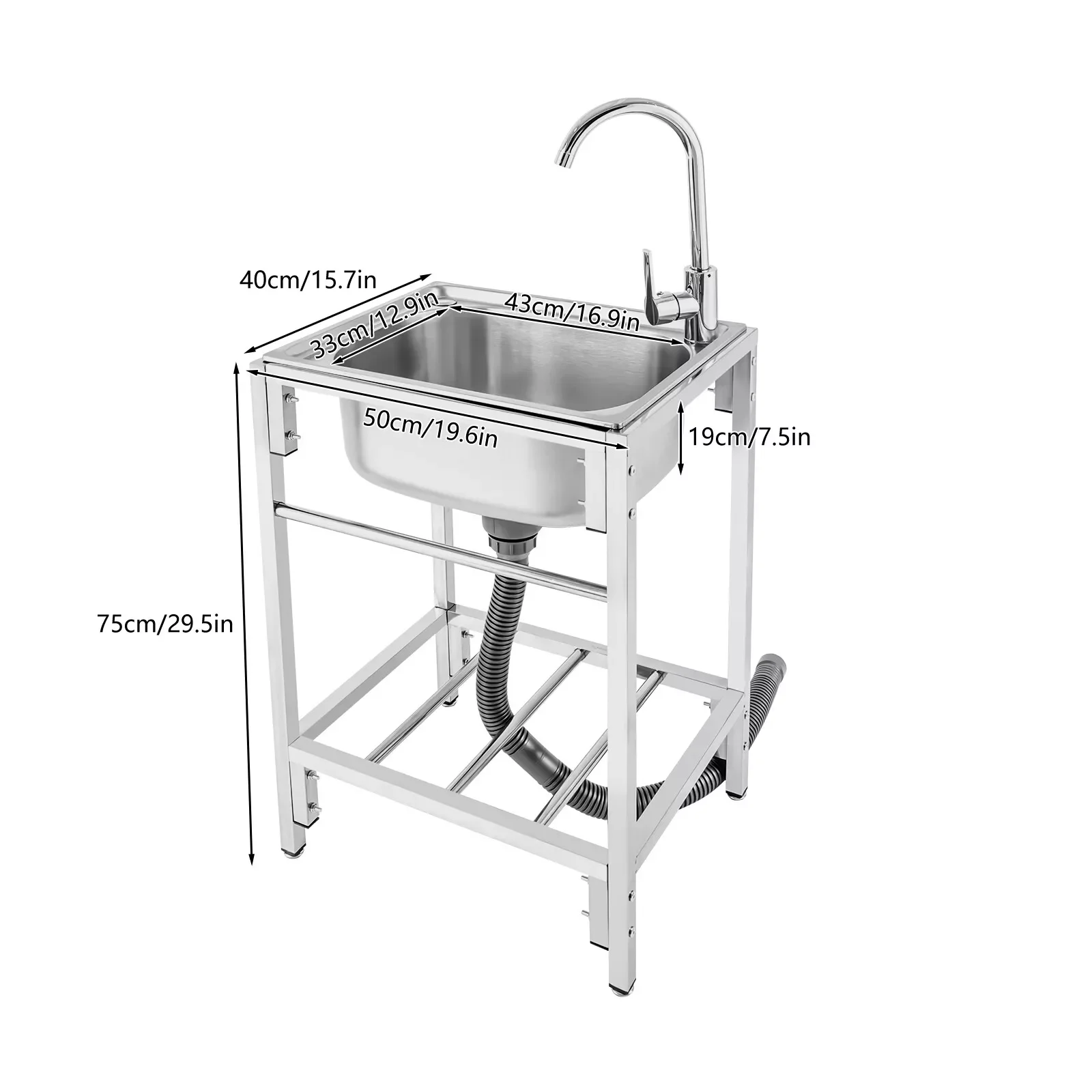 Fregadero de utilidad, lavabo de cocina de un solo cuenco independiente con grifo y estante, fregadero de acero inoxidable