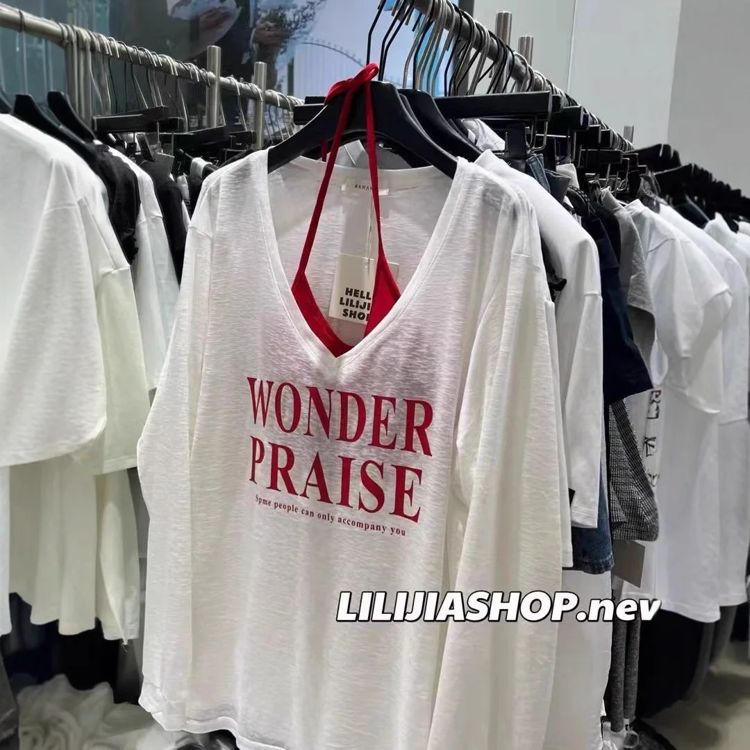 New Dongda Gate Summer Long Sleeve Letter Print V-Neck Women's T-Shirt Set with Neck Hanging Top Fashionable Commute Style