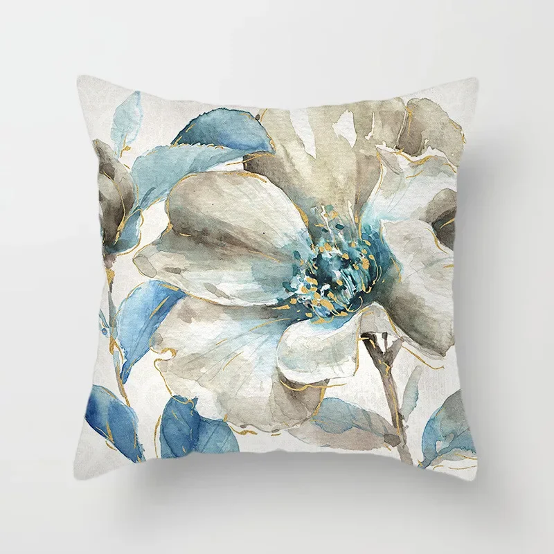 Blue flower and bird printed cushion cover polyester square sofa pillowcase home decoration office waist pillowcase45x45cm