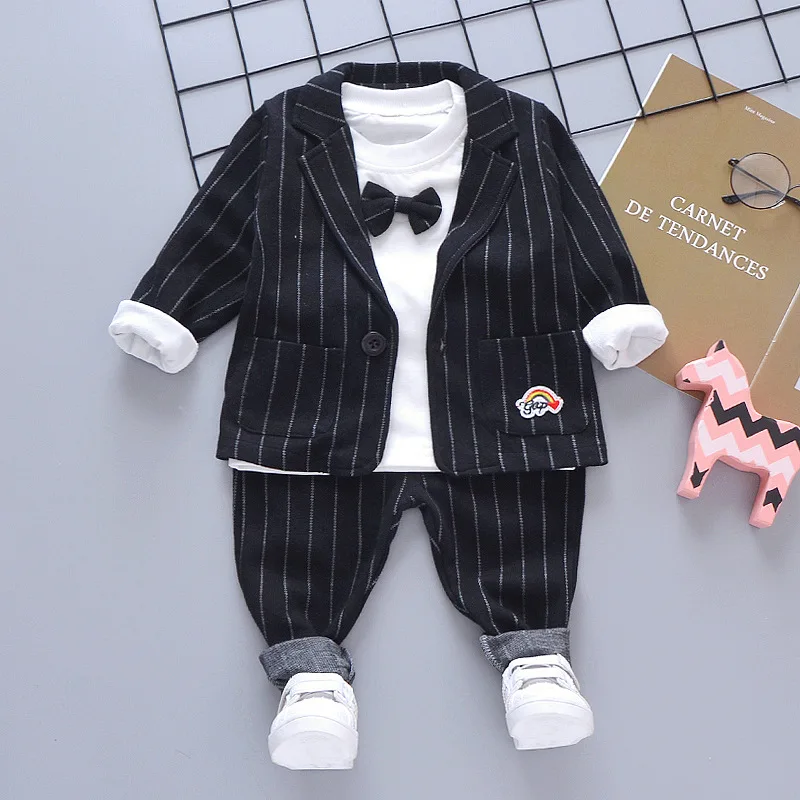 Fashion Children Gentleman Stripe Tops+Coat+Pants 3pcs Suits Baby Boys Tracksuit Party Formal Dress Up 1 2 3 4 Years