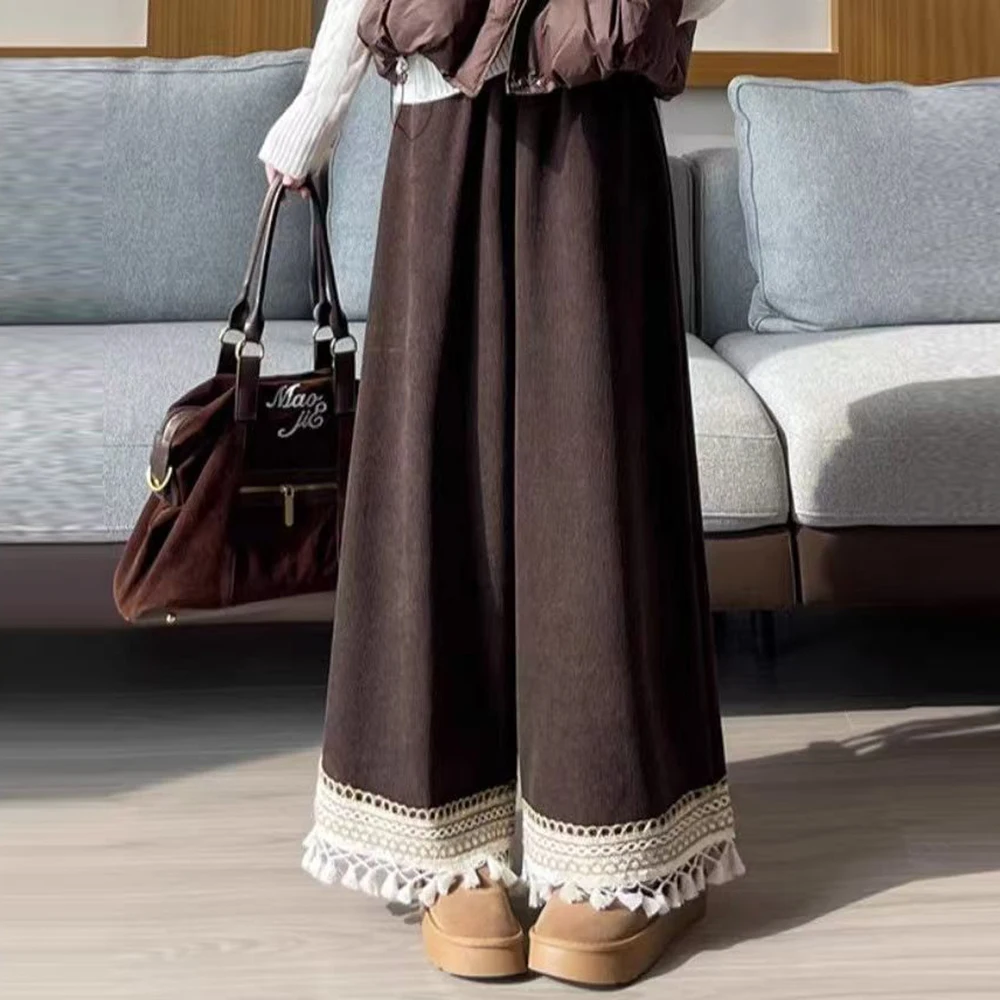 Fleece and thickened corduroy wide-leg pants women's winter new high-waisted thin loose-fitting fringed casual nine-point pants