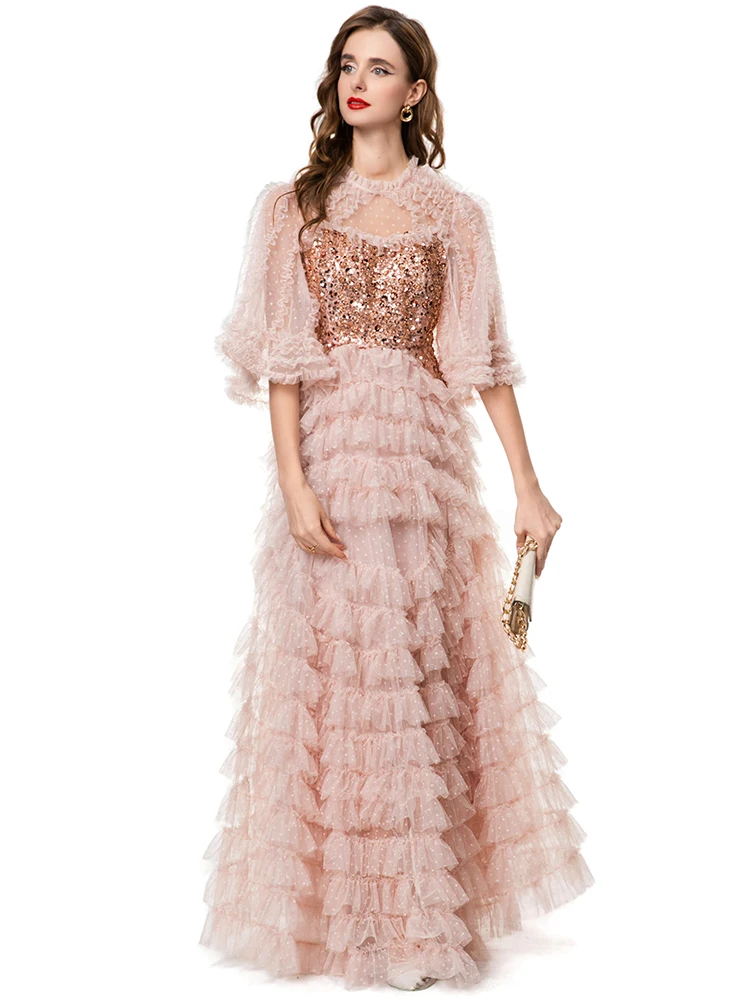 Dldenghan lantejoulas dot malha maxi vestido para mulher o pescoço mangas alargadas em camadas babados festa do vintage bolo vestido de verão feminino