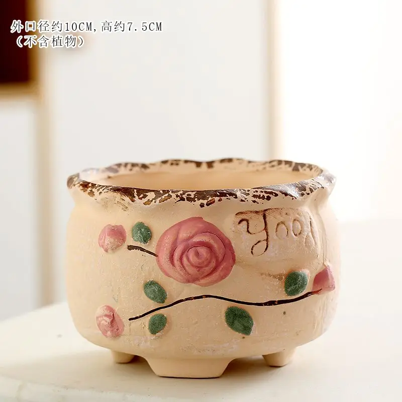 1pc Coarse Pottery Flowerpot Breathable Water Absorbent Ceramic Flowerpot，fleshy Painting Element Burning Colorful Flower Pot