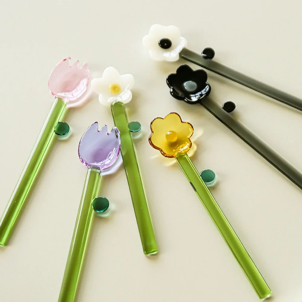 Transparent Long Handle Glass Spoon Flower Shaped High Borosilicate Dessert Spoon Colored Elegant Coffee Stirring Spoon