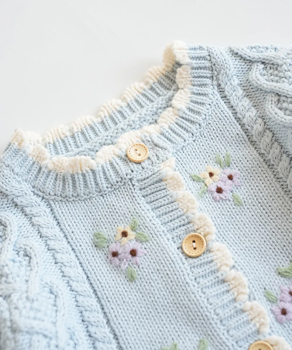 Autumn baby coat kids clothes French countryside style retro flower embroidery knitted cardigan Sweet blue jacket