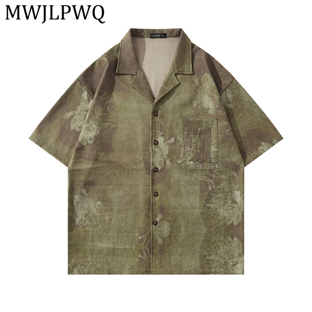 

MWJLPWQ American-Style Tie-Dye Floral Shirt Short-Sleeve Men Retro Summer With Pockets Loose Fit Cuban Collar Casual Tops 15509