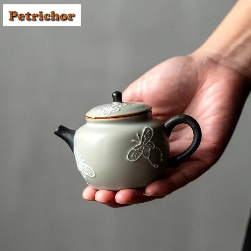 

100ml Hand Drawn Butterfly Plant Ash Teapot Elegant Tea Infuser Pot Tea Maker Kettle With Ball Hole Teaware Supplies Gift Craft