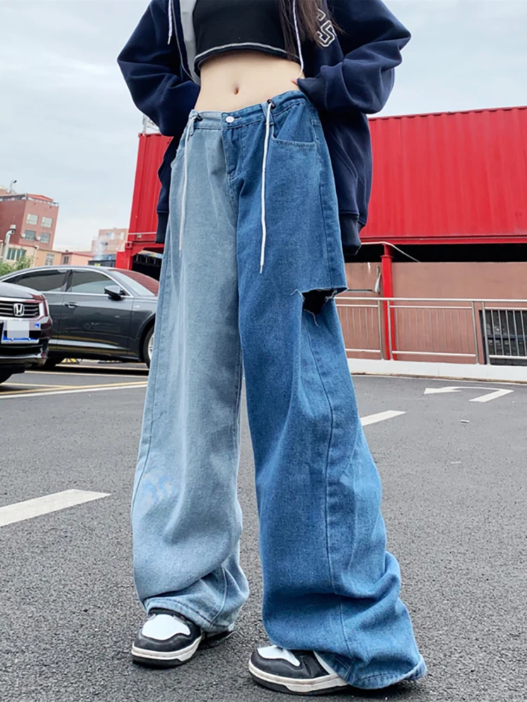 2024 Y2k Fashion Women Harajuku Jeans Wide Leg Punk Patchwork Loose Casual Denim Cargo Pants Baggy Streetwear Long Trousers Tide