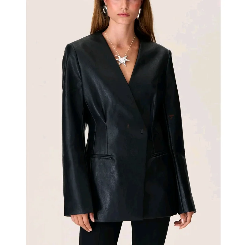 Cappotto slim fit V-Ne in pelle PU Jaet con un bottone ingombrante in vita Autunno Cappotto lungo da pendolarismo da donna nuovo
