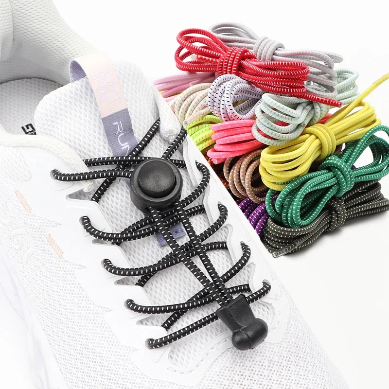 1Pair No Tie Round Elastic Shoelaces with Plastic Buckle Replacement Shoestrings for Adults Kids Running Sneakers Athletic Shoes