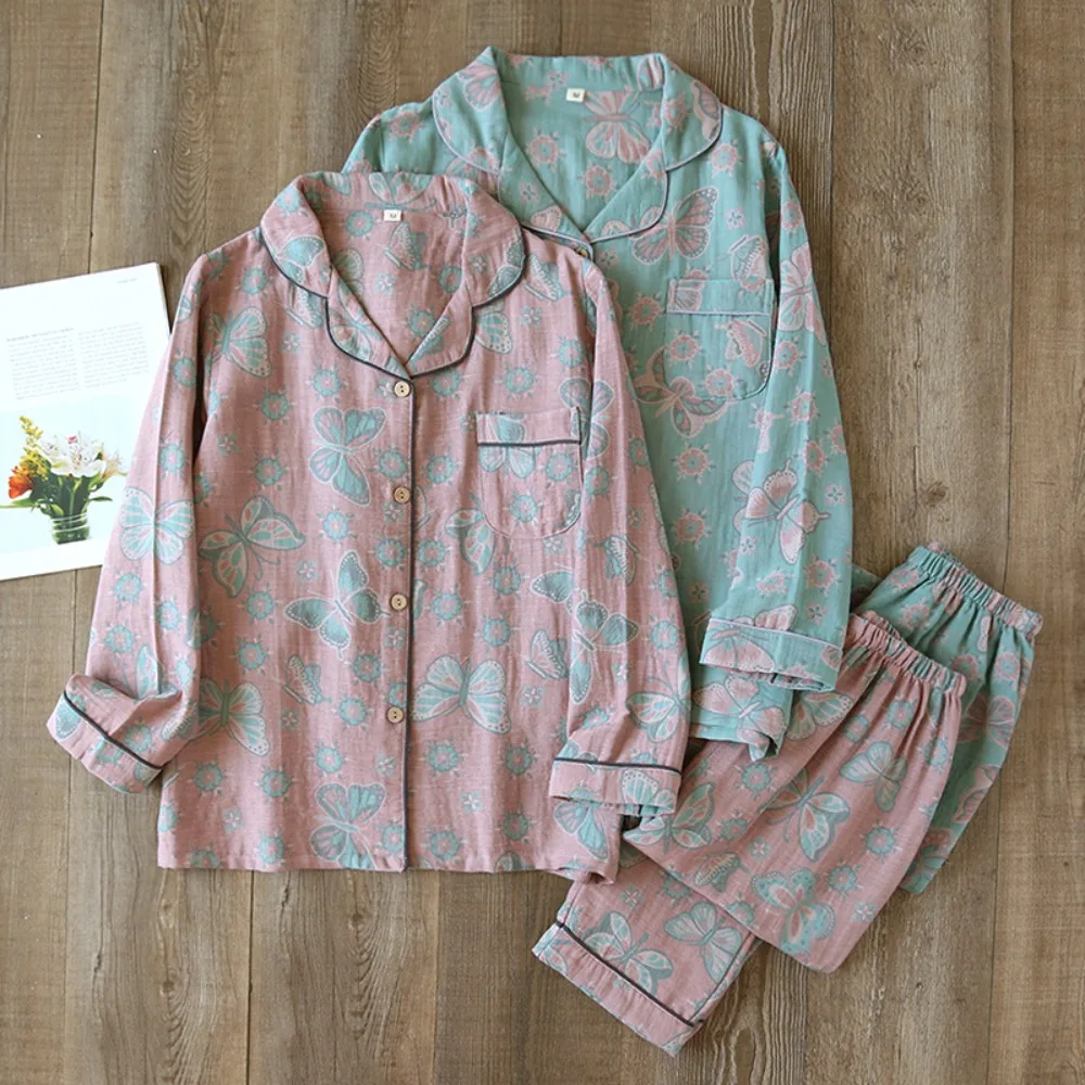 

Vintage Floral Cotton Pajama Set Women's Spring Autumn Long Sleeve Loungewear Lightweight Yarn-Dyed Gauze Loose Outfit