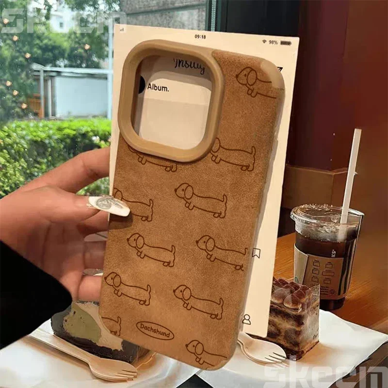 Line Drawing Sausage Dog Leather Phone Case For iPhone 16 Pro Max 15 14 Plus 13 12 11 XS Max X XR Shockproof Matte Bumper Cover