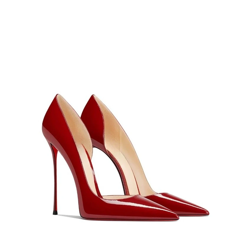 New pointed wine red patent leather side empty shallow mouth temperament versatile slim heel high-heeled shoes for women