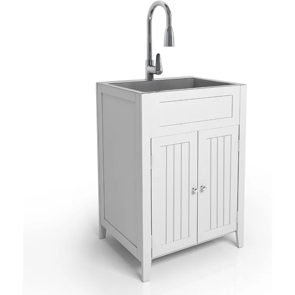 24-Inch Laundry Sink with Cabinet and Pull-Out Sprayer Faucet, Stainless Steel Utility Sink with Cabinet, White Cabinet