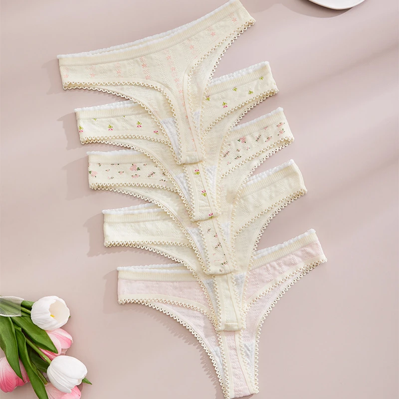 5‑Pack Women Floral Print Lace Trim Soft Breathable Low‑Rise Ladies Underwear Multi‑Color Daily Intimates Underpants Set