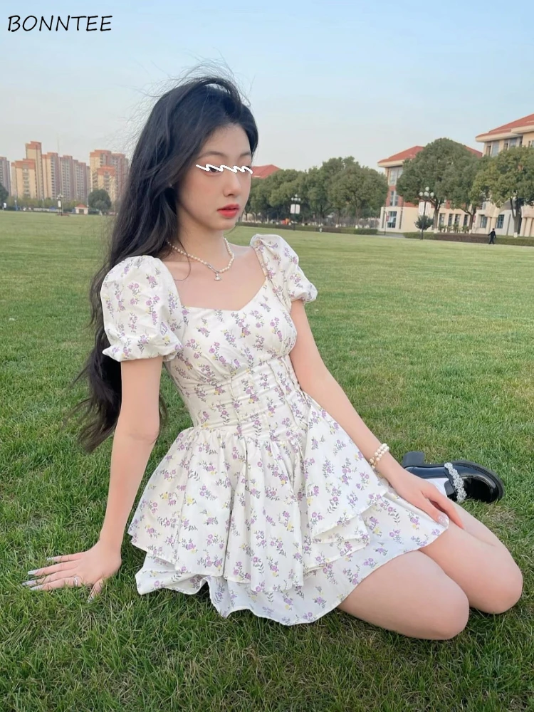 Dress Women Summer Sweet Girls Square Collar Puff Sleeve Elegant Korean Style Preppy Chic High Waist Causal Trendy Temperament