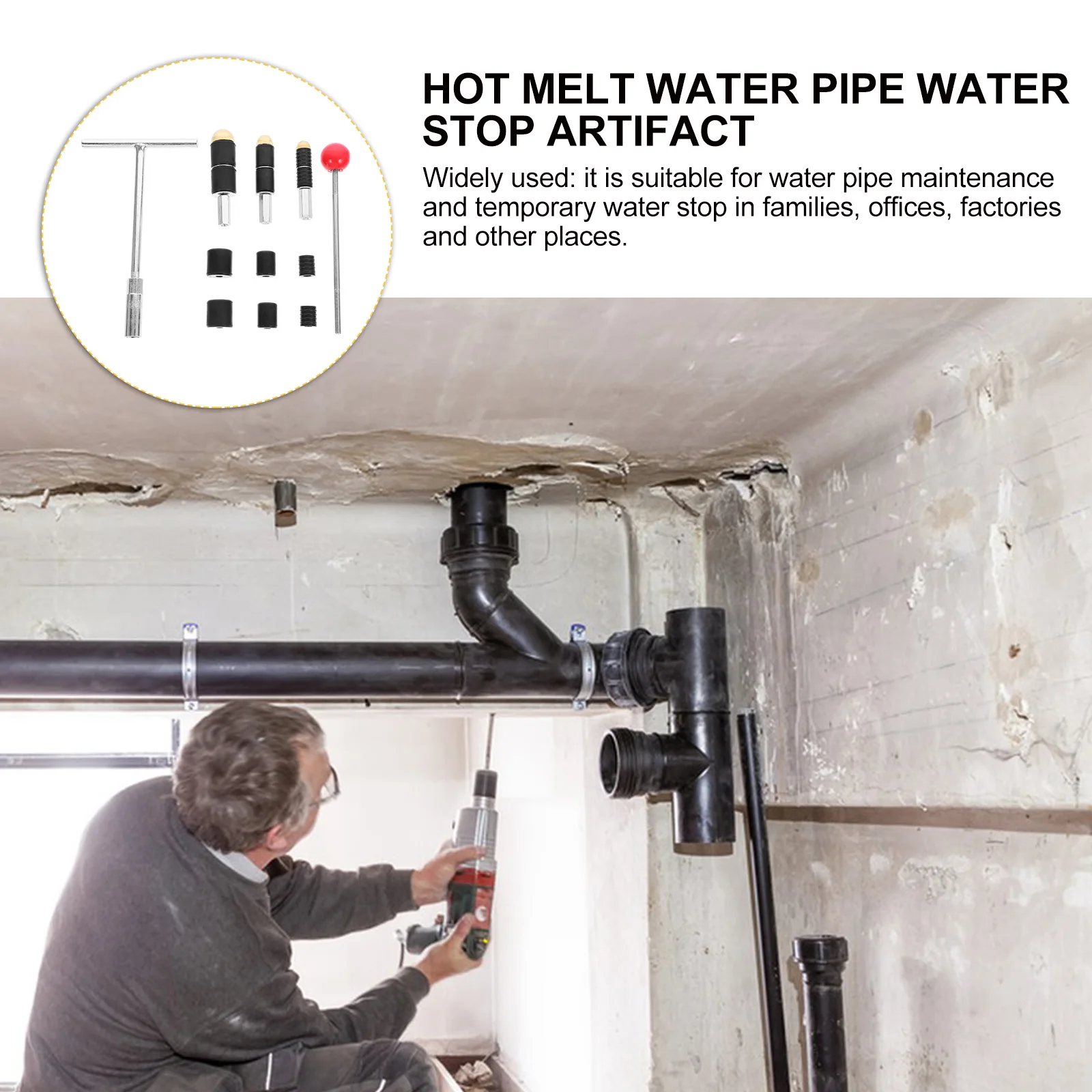

Water Pipe Stop Tool 4+6mm+1inch Round Wrench Plumbing Repair Accessories Leak Fix Hot Melt Needles Steel Water Stopper