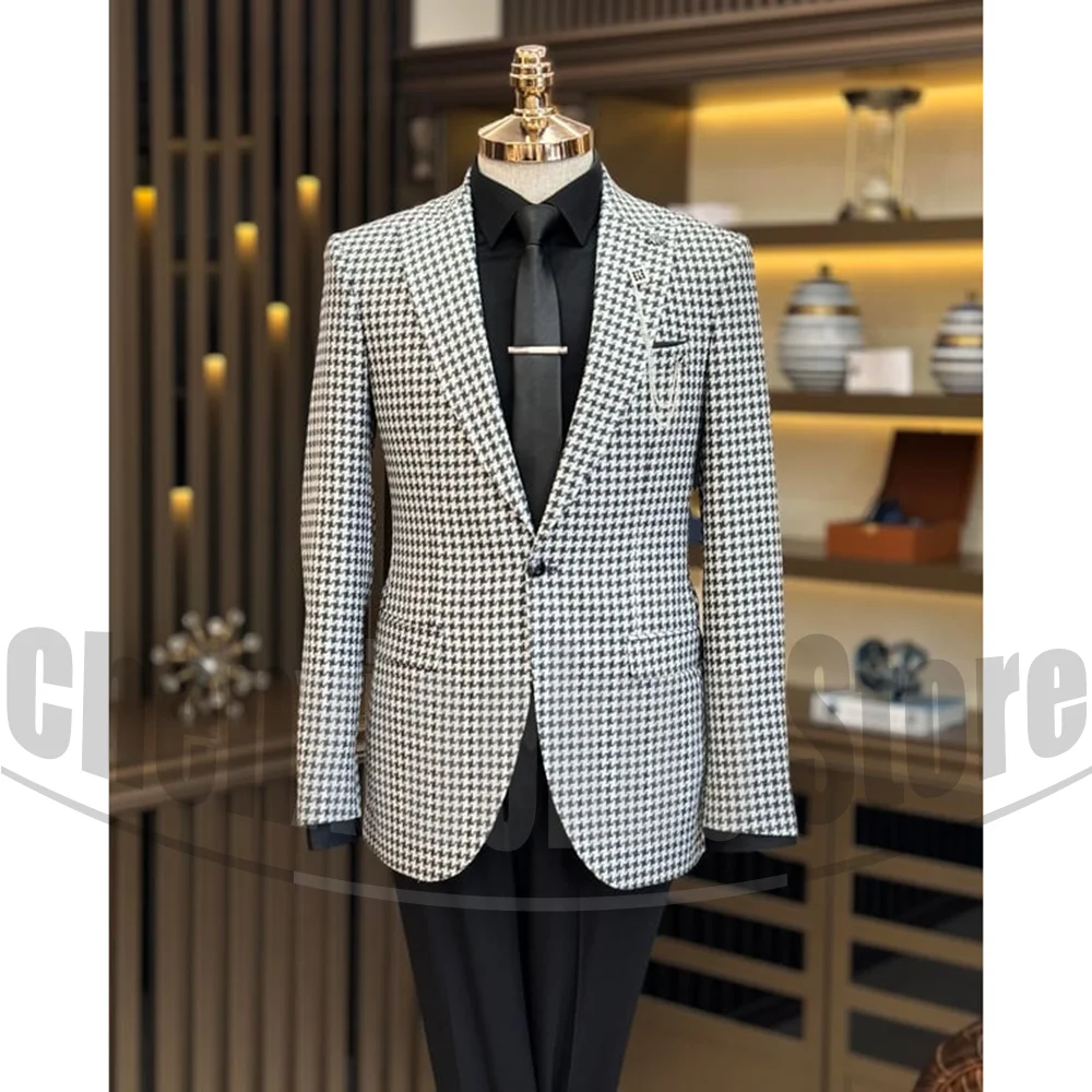 

Men's Black and White Houndstooth Suit Peak Lapel One Button Blazer with Pants Fashion Formal Prom Party Wedding Tuxedos