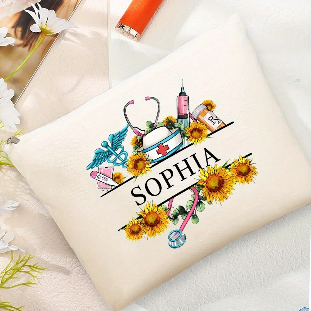 Personalized Nurse Makeup Bag Custom Name Medical Themed Design with Stethoscope Sunflower Compact Cosmetic Pouch for Nursing
